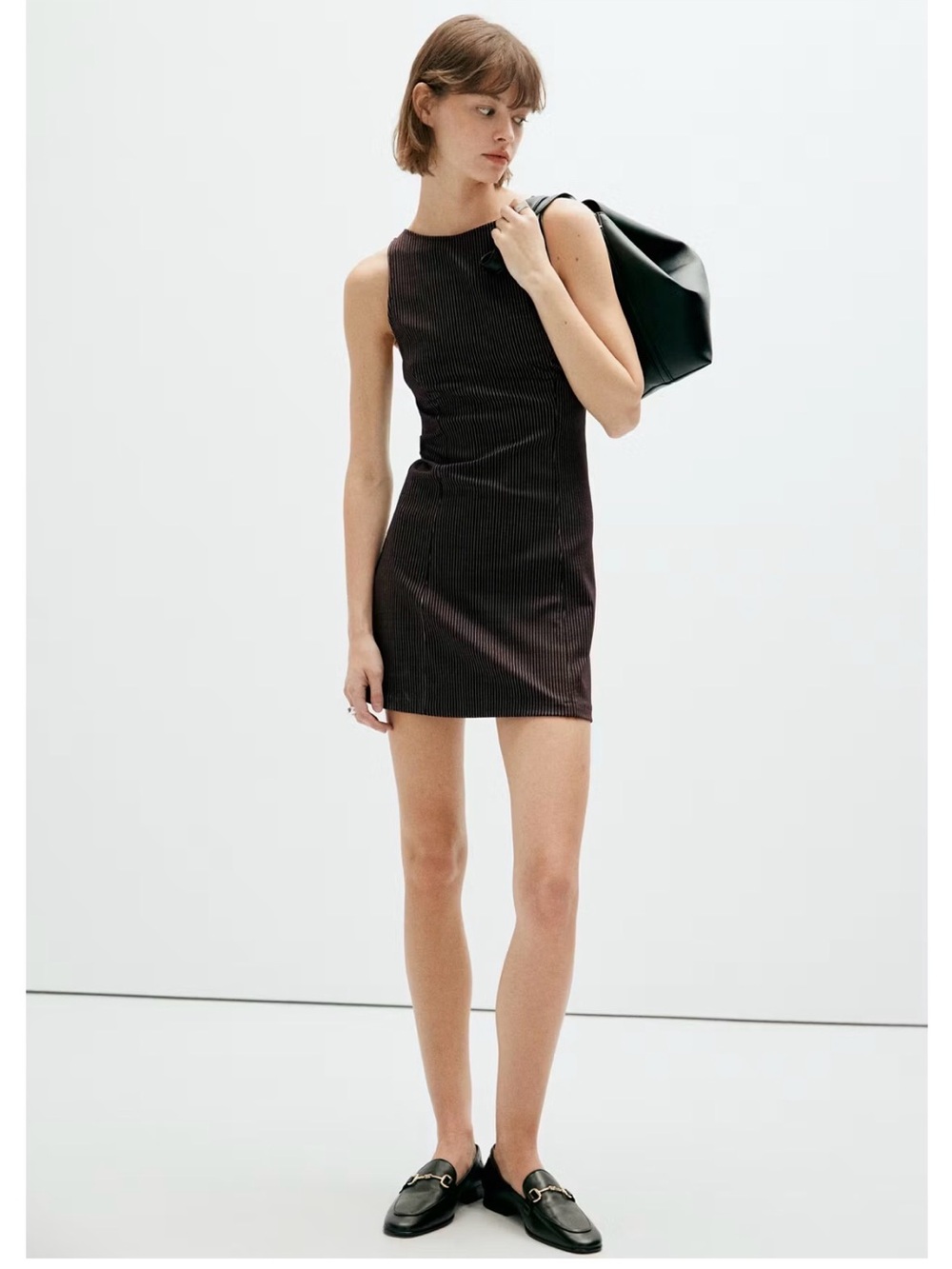 Mango Black Sleeveless Mini Dress with Subtle Pinstripes